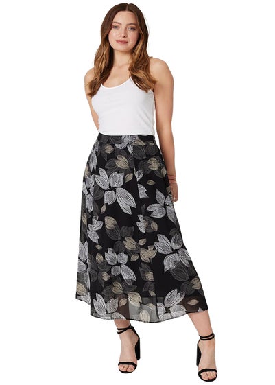 Izabel London Black Leaf Print High Waist Midi Skirt