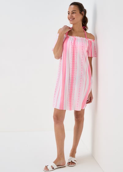 Pink Jacquard Bardot Viscose Mini Dress - Size 10