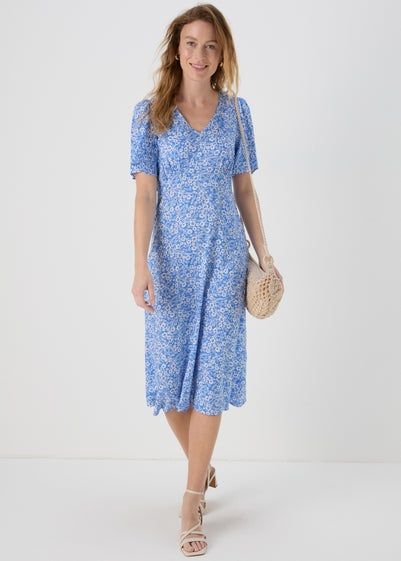 Blue Floral Viscose Midi Tea Dress - Size 8