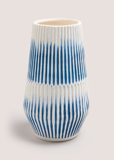 Blue Ribbed Ceramic Vase (26cm x 16cm x 16cm)