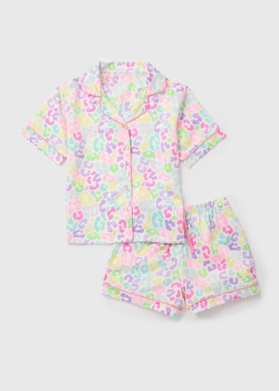 Girls Pink Satin Leopard Print Shortie Pyjama Set (4-13yrs)