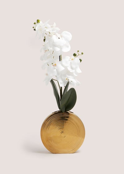 White Faux Orchid In Circular Gold Vase (35cm x 26cm x 74cm)