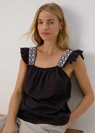 Black Embroidered Strap Vest - Size 8