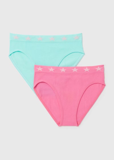 Girls 2 Pack Pink & Blue Ribbed Briefs (6-13yrs)