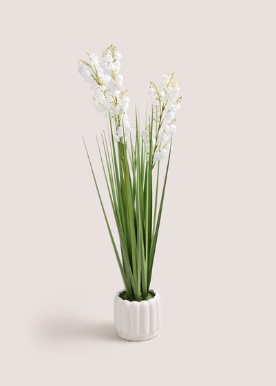 White Tall Grass Flowers In Ribbed Pot (90cm x 24cm x 24cm)