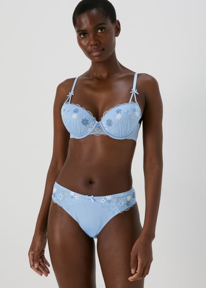 Blue Embroidered Floral Brazilian Knickers