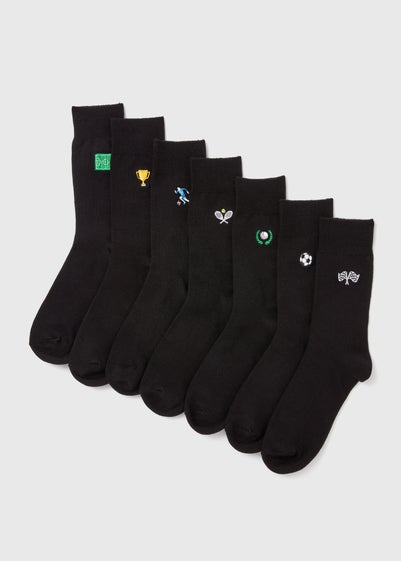 7 Pack Black Embroidery Sports Socks