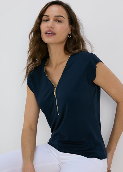 Navy Zip Front Top