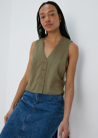 Khaki Solid Button Vest