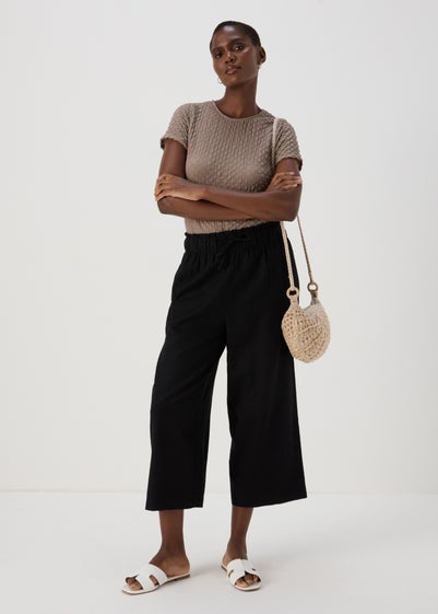 Black Linen Wide Leg Crop Trousers