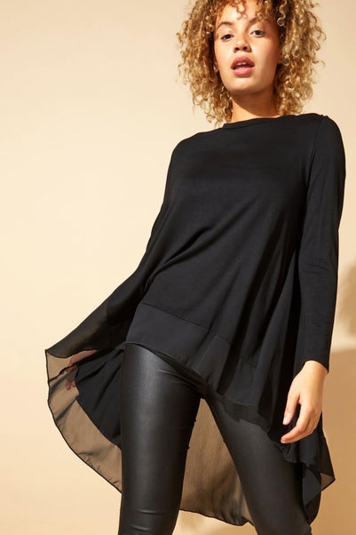 Roman Black Long Sleeve Floaty Dipped Hem Chiffon Top