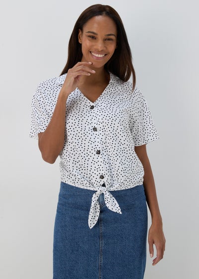 White Spot Print Tie Front Viscose Shirt