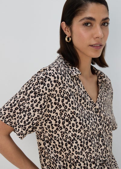 Brown Animal Print Tie Front Viscose Shirt