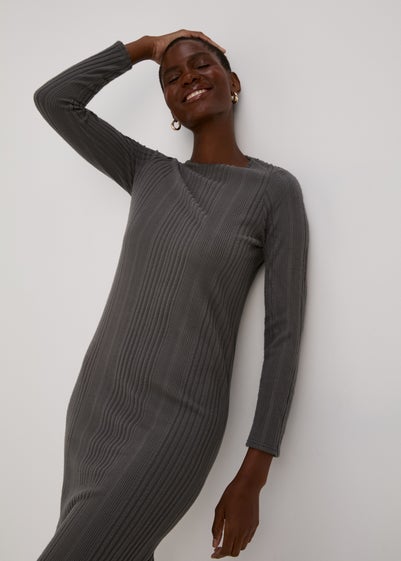 Grey Cosy Rib Midi Dress - Size 14