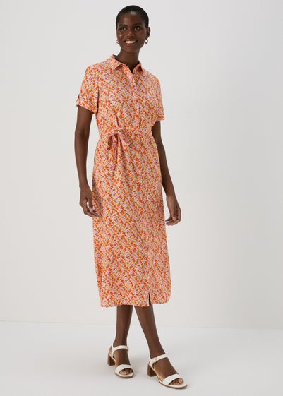 Orange Floral Viscose Shirt Dress