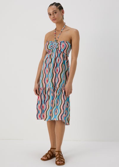 Blue Aztec Ruched Bandeau Midi Dress