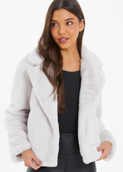 Quiz Natural Short Faux Fur Collar Jacket - Size 12