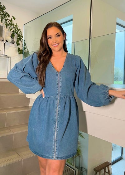 In The Style Light Blue V Neck Denim Dress