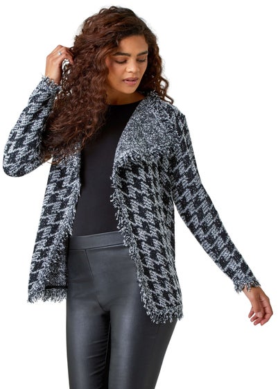 Roman Black Houndstooth Fringed Cardigan