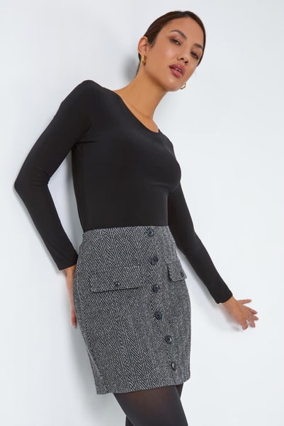 Roman Charcoal Tweed Look Button Elastic Waist Stretch Skirt