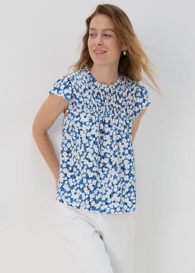 Blue Floral Print Shirred Top - Size 16