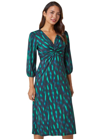 Roman Green Abstract Twist Front Midi Stretch Dress