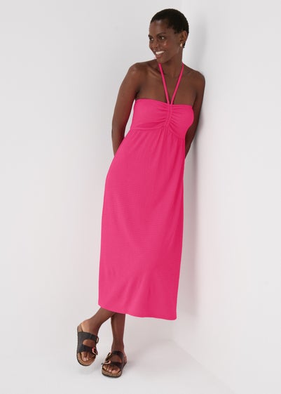 Pink Ruched Crinkle Midi Dress