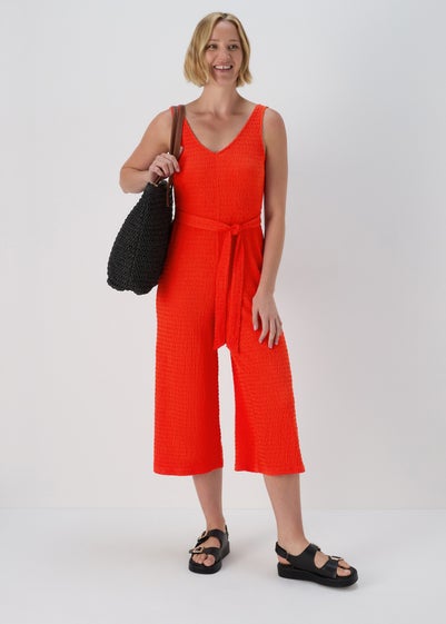 Red V Neck Crinkle Jumpsuit