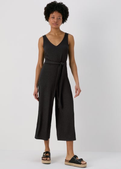 Black V Neck Textured Jumpsuit