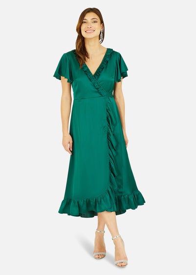 Yumi Satin Wrap Midi Dress In Green - Size 10