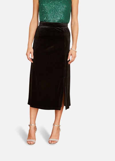 Yumi Black Velvet Skirt With Front Slit - Size 16