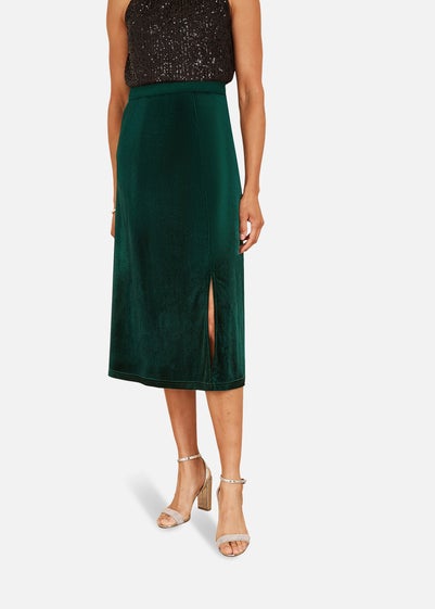 Yumi Green Velvet Skirt With Front Slit - Size 14