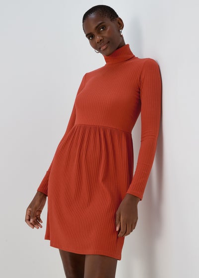 Rust High Neck Ribbed Dress