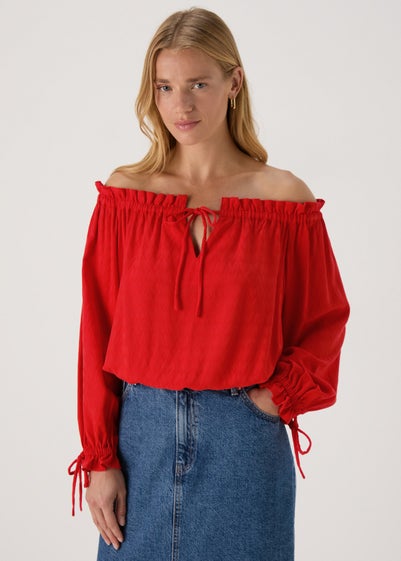 Red Tie Neck Bardot Top