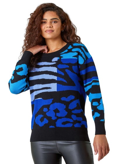 Roman Blue  Colour Block Animal Print Jumper