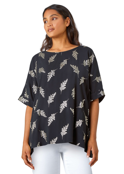 Roman Black Metallic Floral Print Oversized T-Shirt