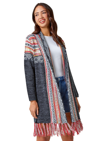 Roman Charcoal Aztec Print Tassel Hem Longline Cardigan