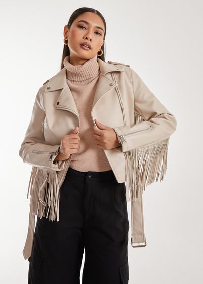 Pink Vanilla Stone Fringed Cropped PU Jacket