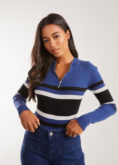 Pink Vanilla Navy Zip Up Striped Knit Top