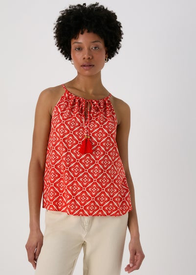 Red Tile Print High Apex Viscose Top