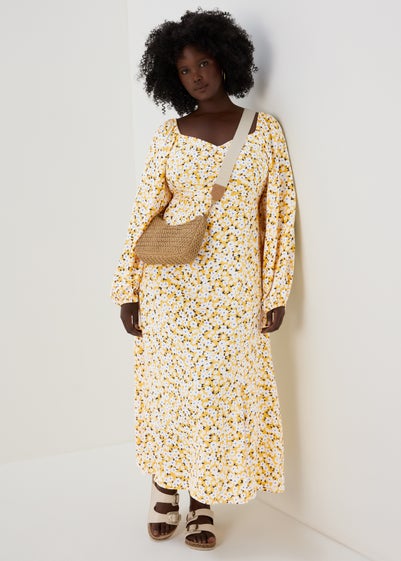 Yellow Floral Midi Dress - Size 12