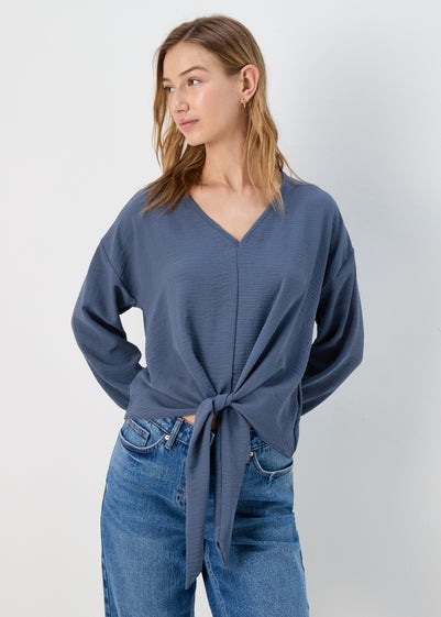 Blue Front Tie V Neck Blouse