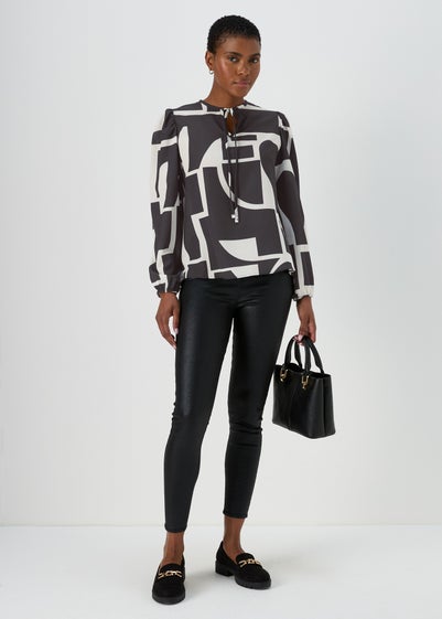 Monochrome Geometric Neck Tie Blouse