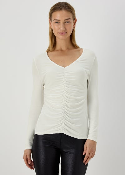 Ivory Ruched Front V Neck Top