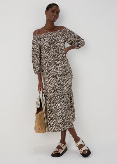 Brown Leopard Print Bardot Dress