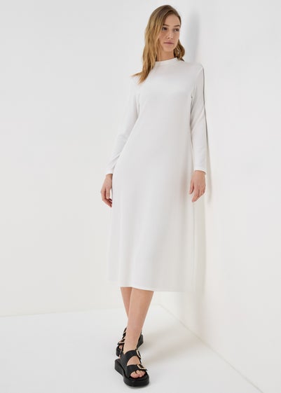 Ivory Rib Midi High Neck Dress