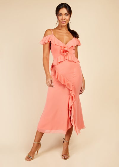 Little Mistress Coral Chiffon Rosette Trim Dress