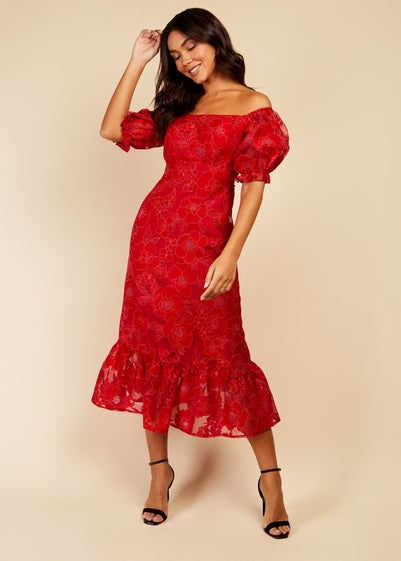 Little Mistress Red Organza Floral Dress