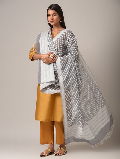 Women Grey Benarasi Cotton Dupatta