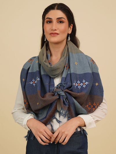 Women Multicolour Handwoven Wool Stole with Soof Embroidery